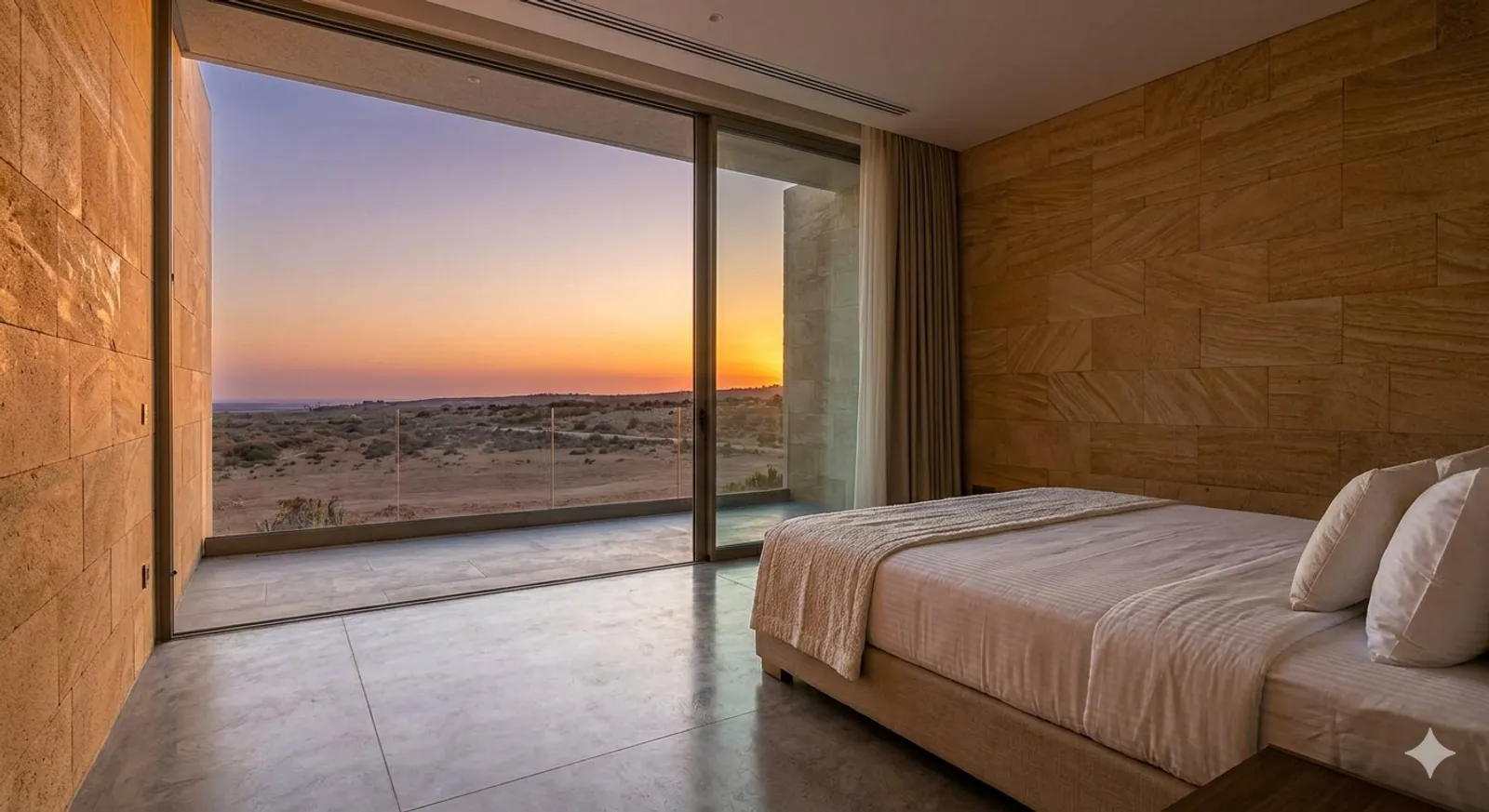 A warm stone suite opening onto a desert sunset